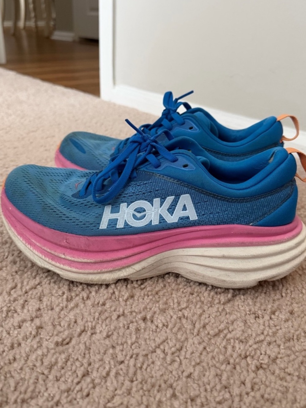 Well worn Hoka Bondi 8 running shoe